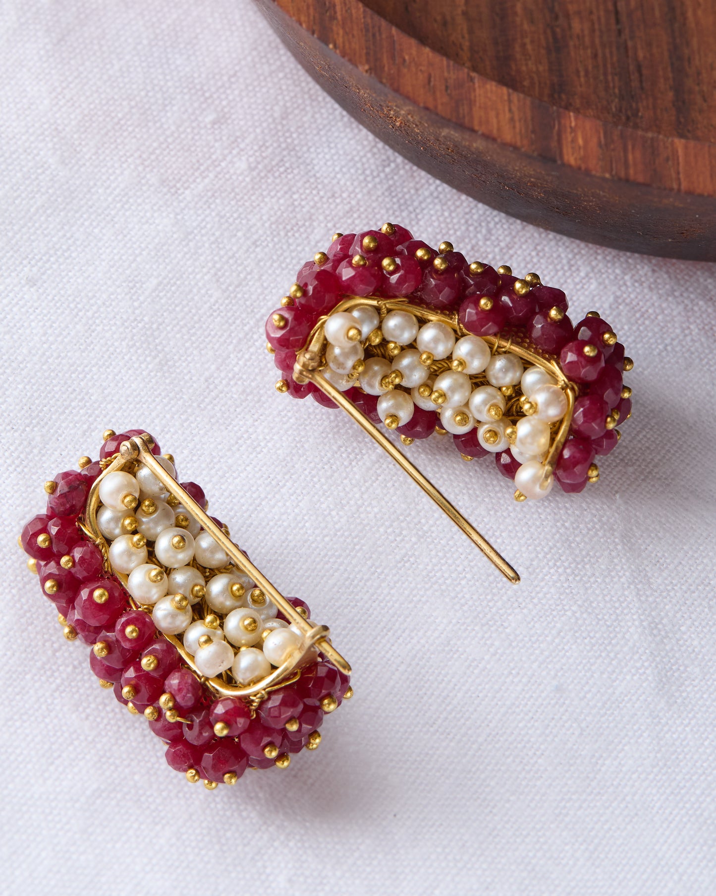 solid 9ct gold ruby and pearl drop earrings handmade in London