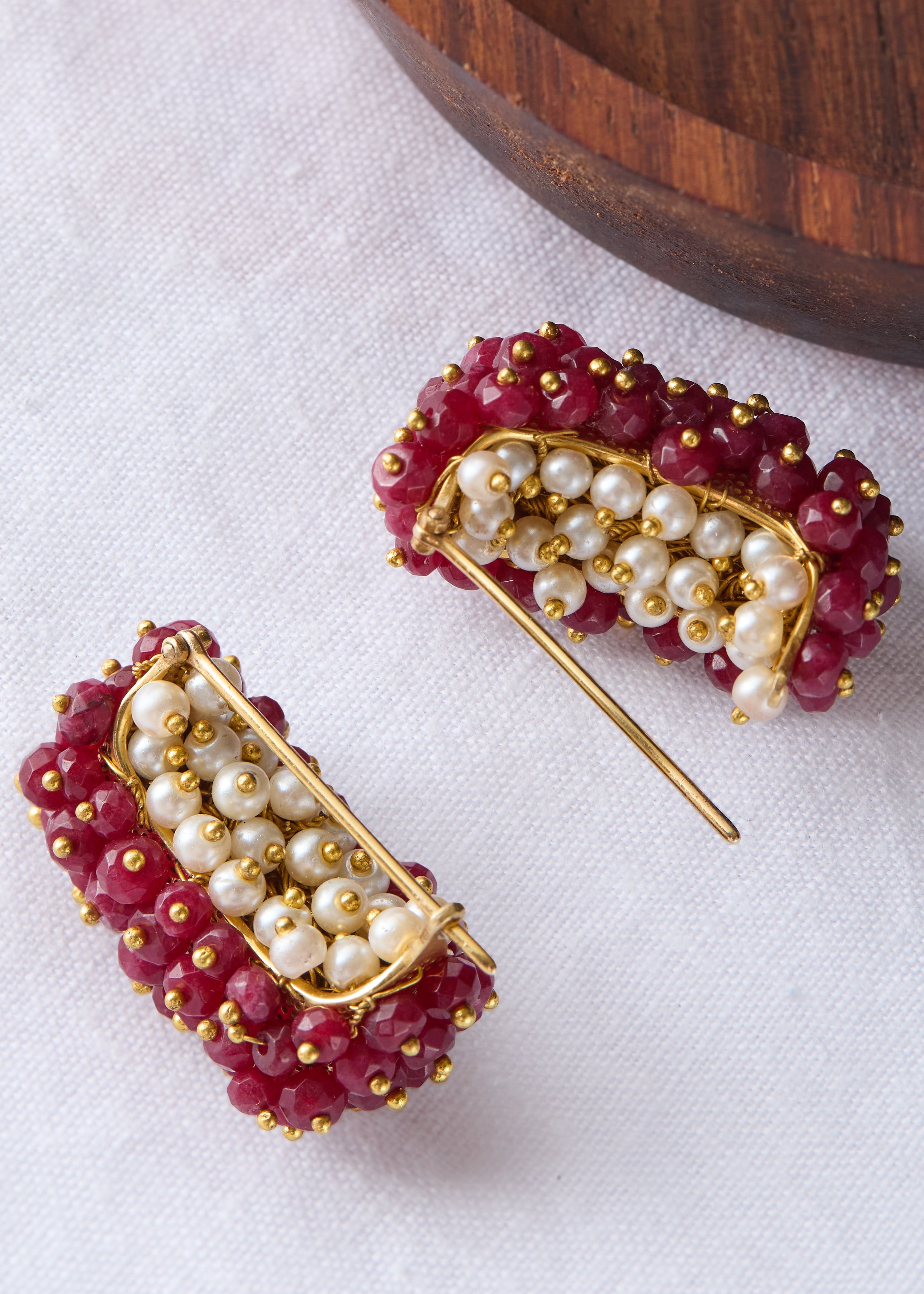solid 9ct gold ruby and pearl drop earrings handmade in London