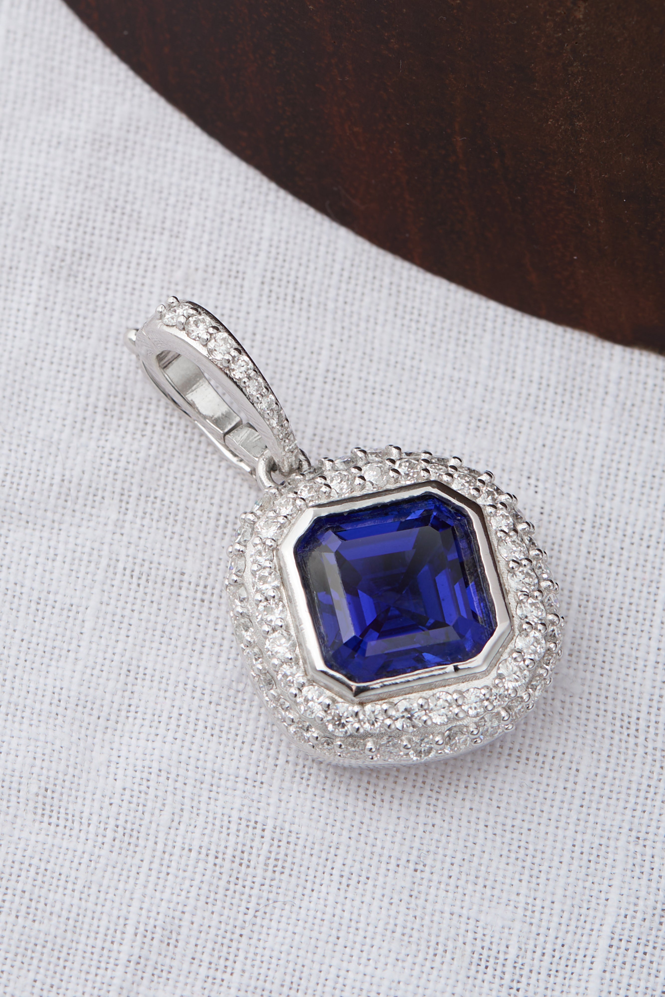 Sterling Silver Azure Sapphire Pendant | Moissanite Halo Clip-on