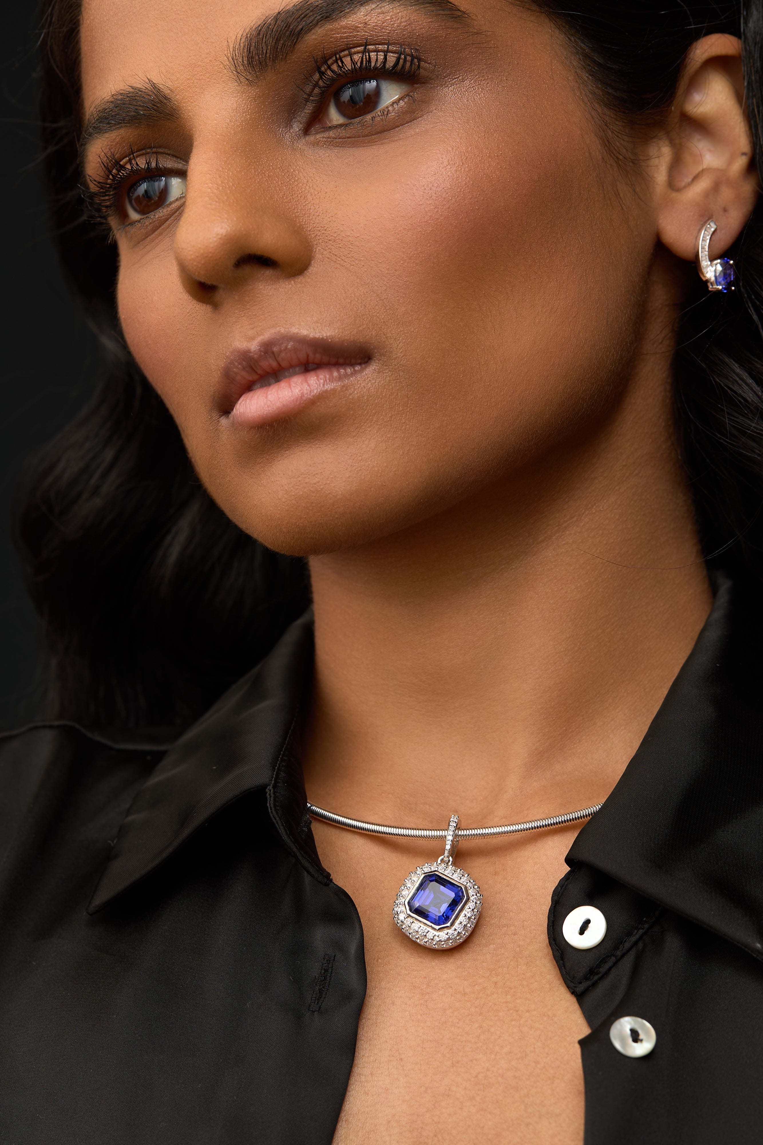 Sterling Silver Azure Sapphire Pendant | Moissanite Halo Clip-on