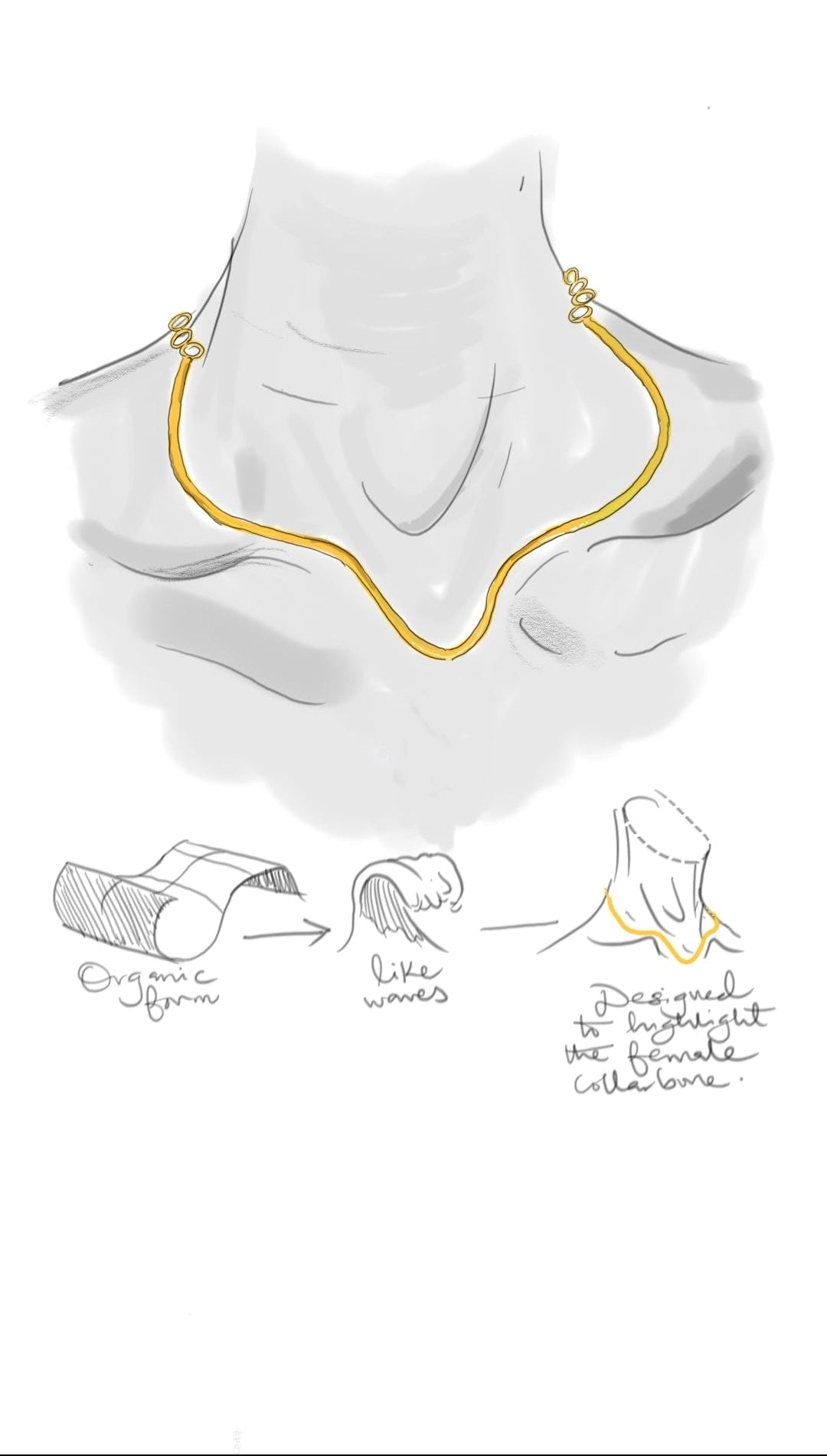 A hand-drawn technical illustration showing a gold-colored curved collar or neckband worn on a neck form, with smaller sketches below depicting fabric or material options and handwritten notes.