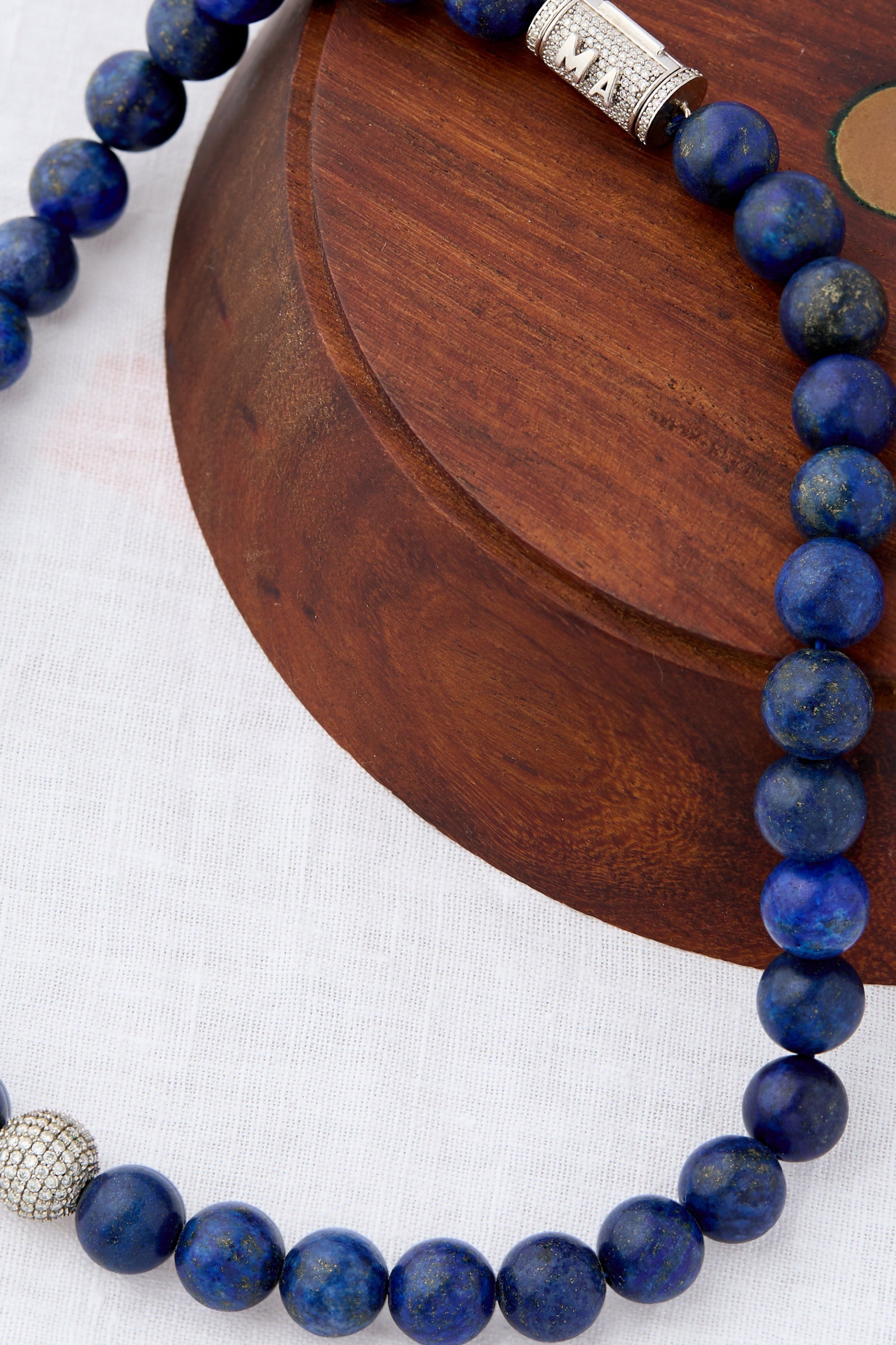 Closeup of lapis lazuli beaded necklace