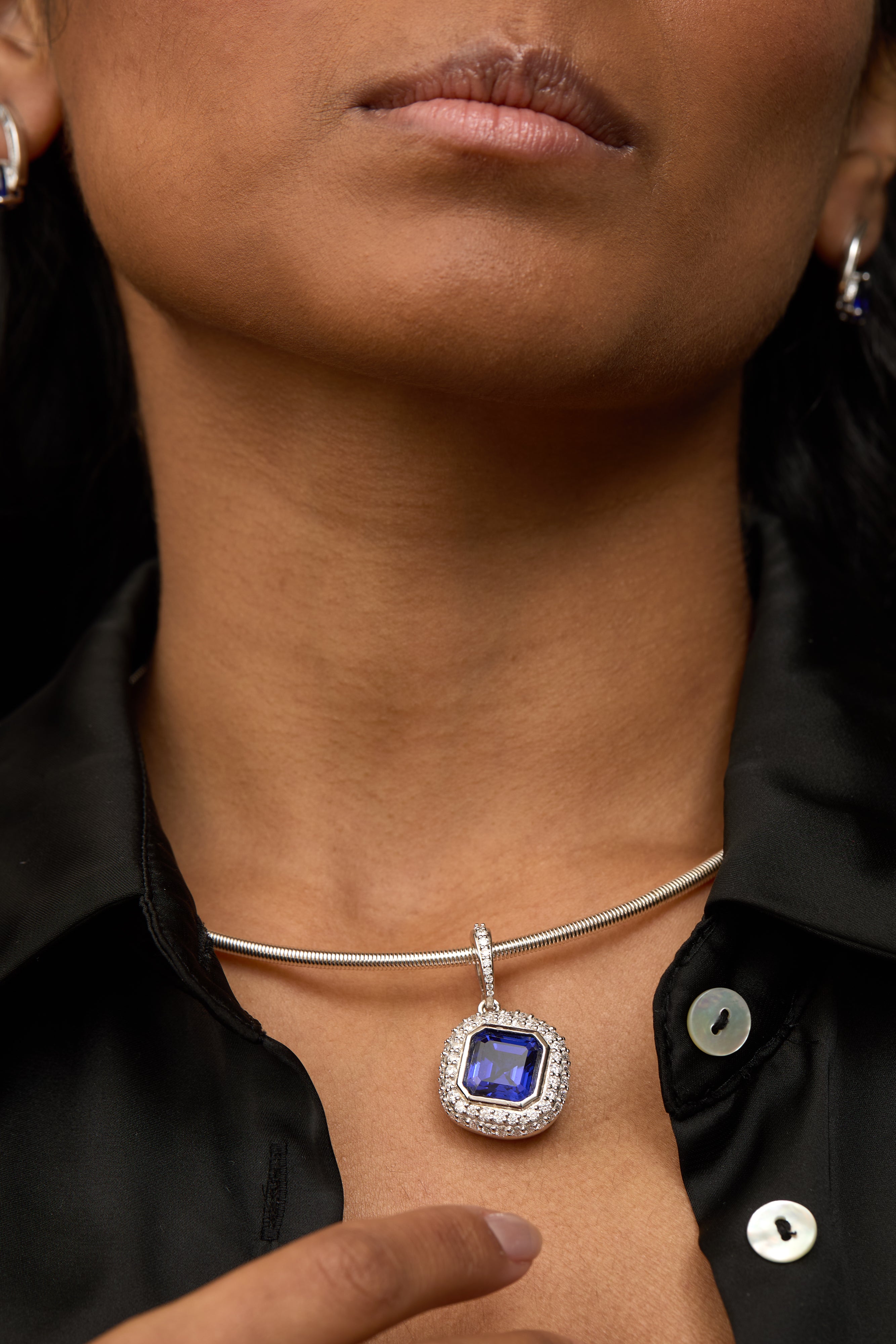 Sterling Silver Azure Sapphire Pendant | Moissanite Halo Clip-on