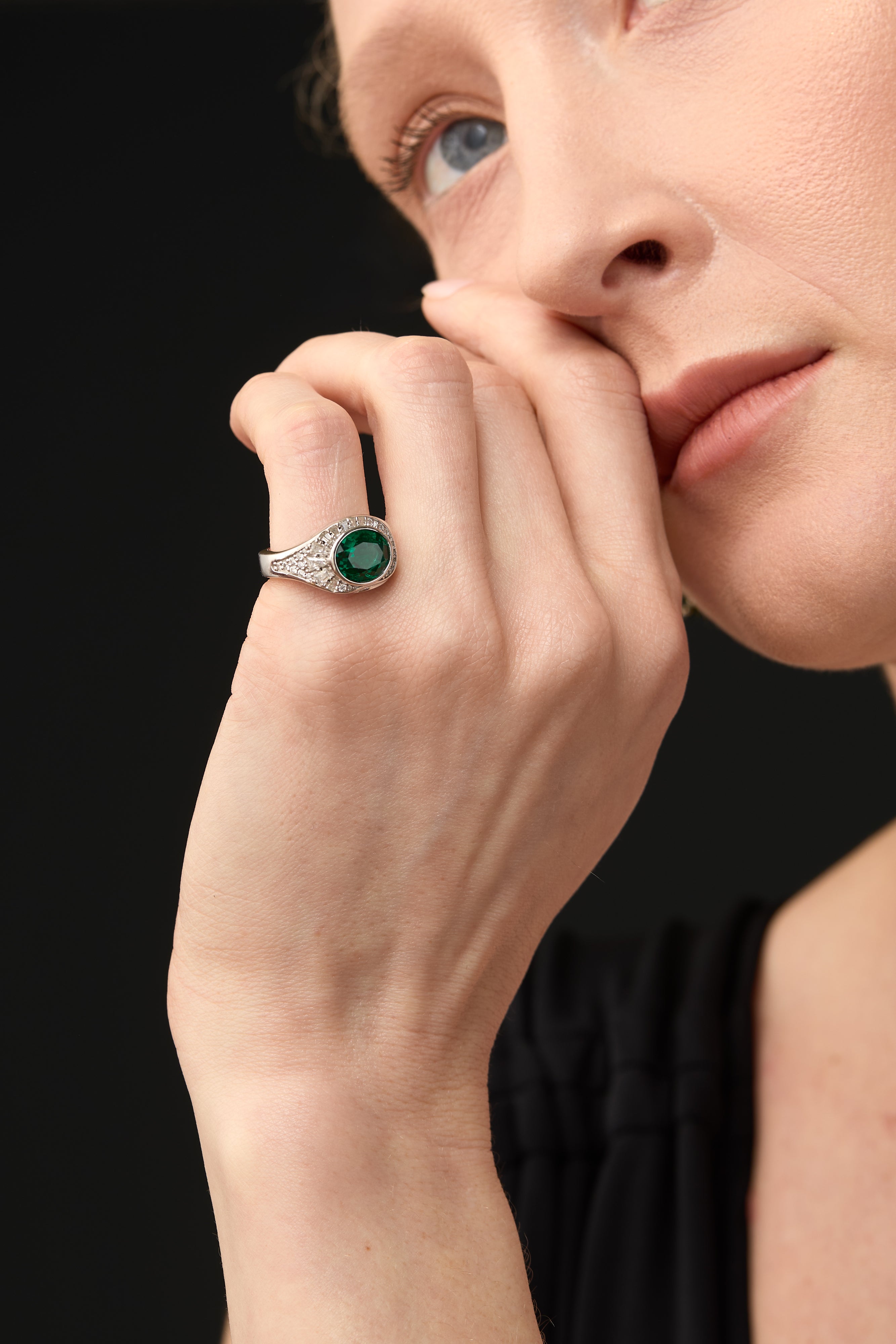 Sterling Silver Oval Emerald Ring | Lab Emerald & Moissanite London
