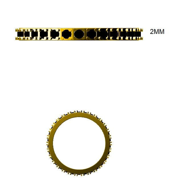 A gold-toned circular ring-shaped component shown from two angles on a white background, with a small '2MM' text label above. The top view shows a row of dark circular openings, and the bottom view shows the outer textured edge of the ring.