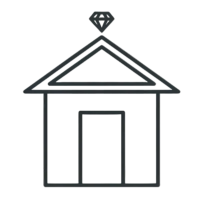 Simple line drawing of a house with a diamond on top against a beige background